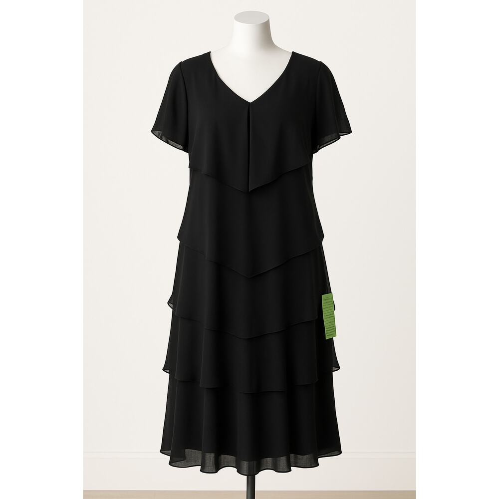 S.L. Fashions Elegant Black Tiered Midi Dress Missy SZ 12 Cocktail Party Dancing